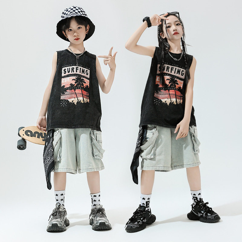儿童街舞hiphop潮服演出服男女童架子鼓背心表演服套装爵士舞服装