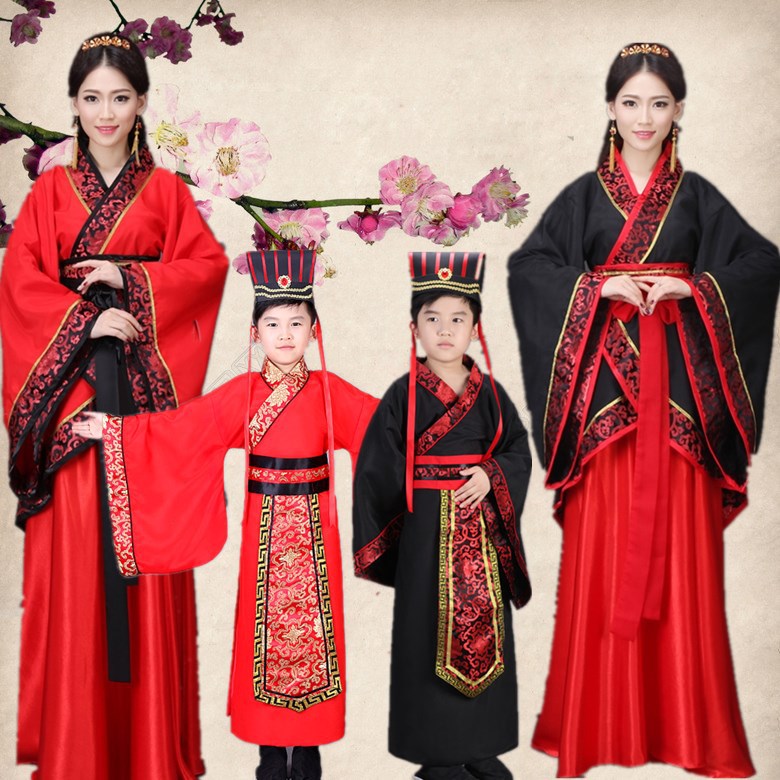 中式儿童汉服母子中国唐装宋服红色古装古风男亲子大臣表演出服
