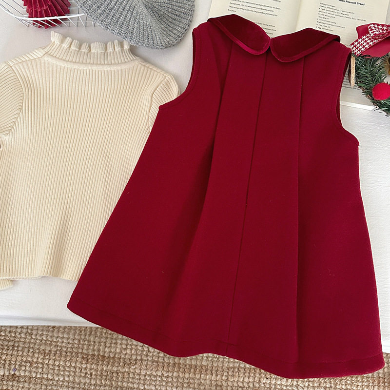 女童红色毛呢背心裙冬季2025新款宝宝加绒连衣裙儿童加厚过年裙子