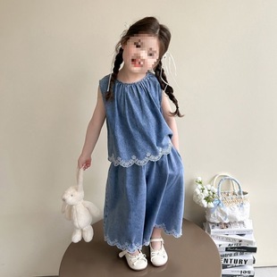 女童套裝 2025新款 洋氣兒童牛仔背心闊腿褲 女寶寶兩件套 夏季