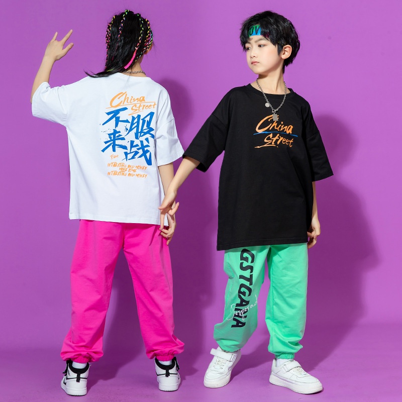儿童街舞套装男童嘻哈宽松短袖潮服hiphop演出服夏女童爵士舞服装