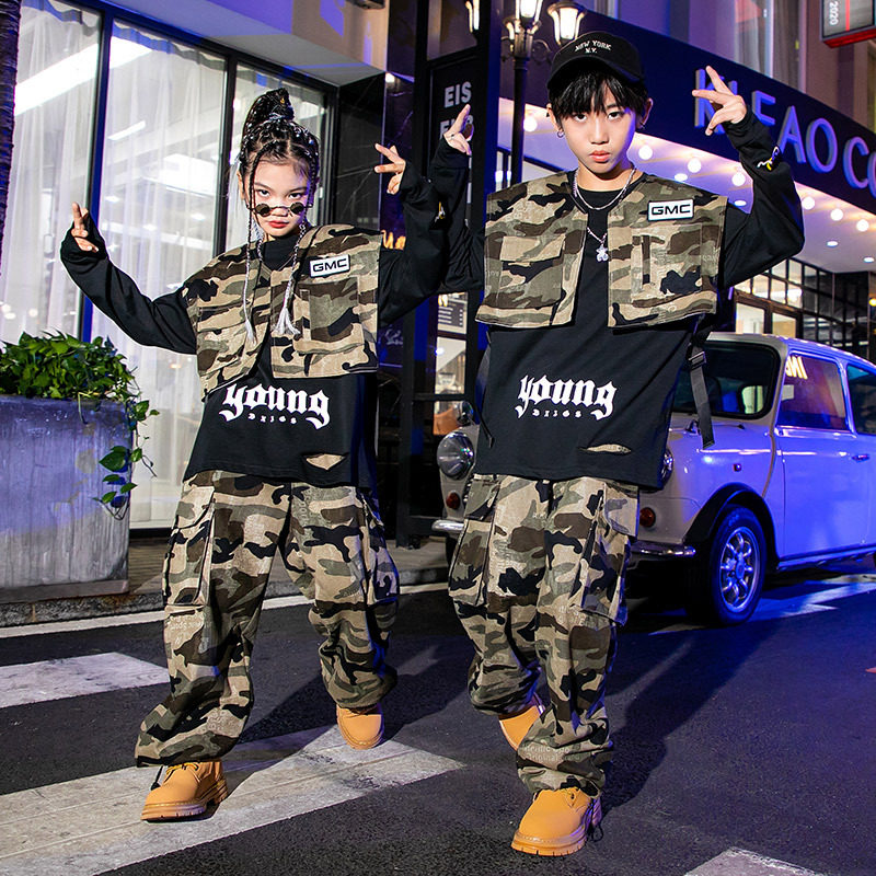 儿童街舞服装嘻哈迷彩裤套装hiphop炸街童装潮酷男童马甲表演出服