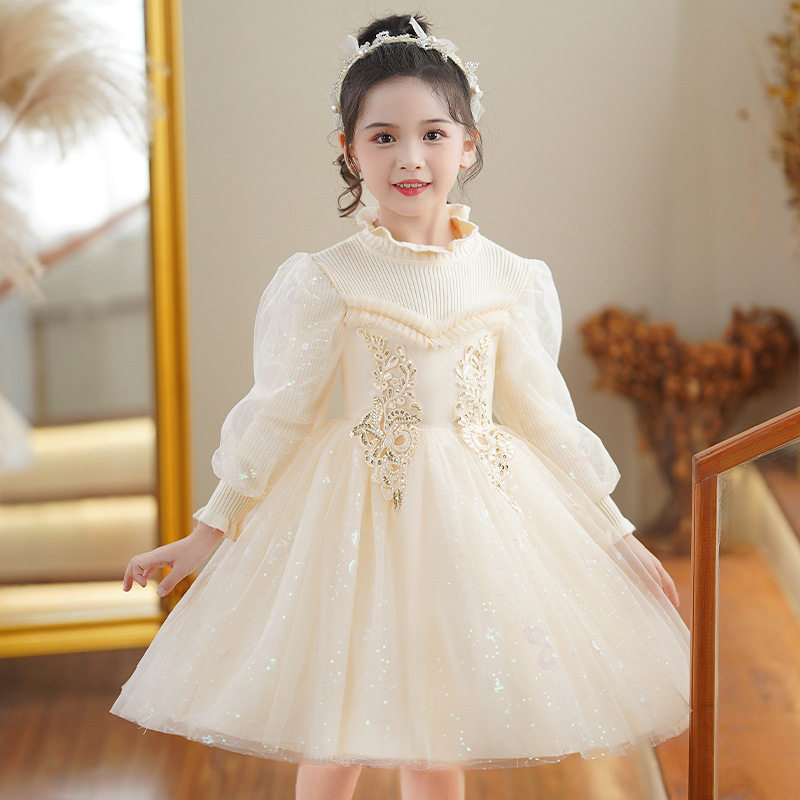 女童公主裙秋冬新款加厚小女孩主持洋气tutu裙儿童礼服童装连衣裙