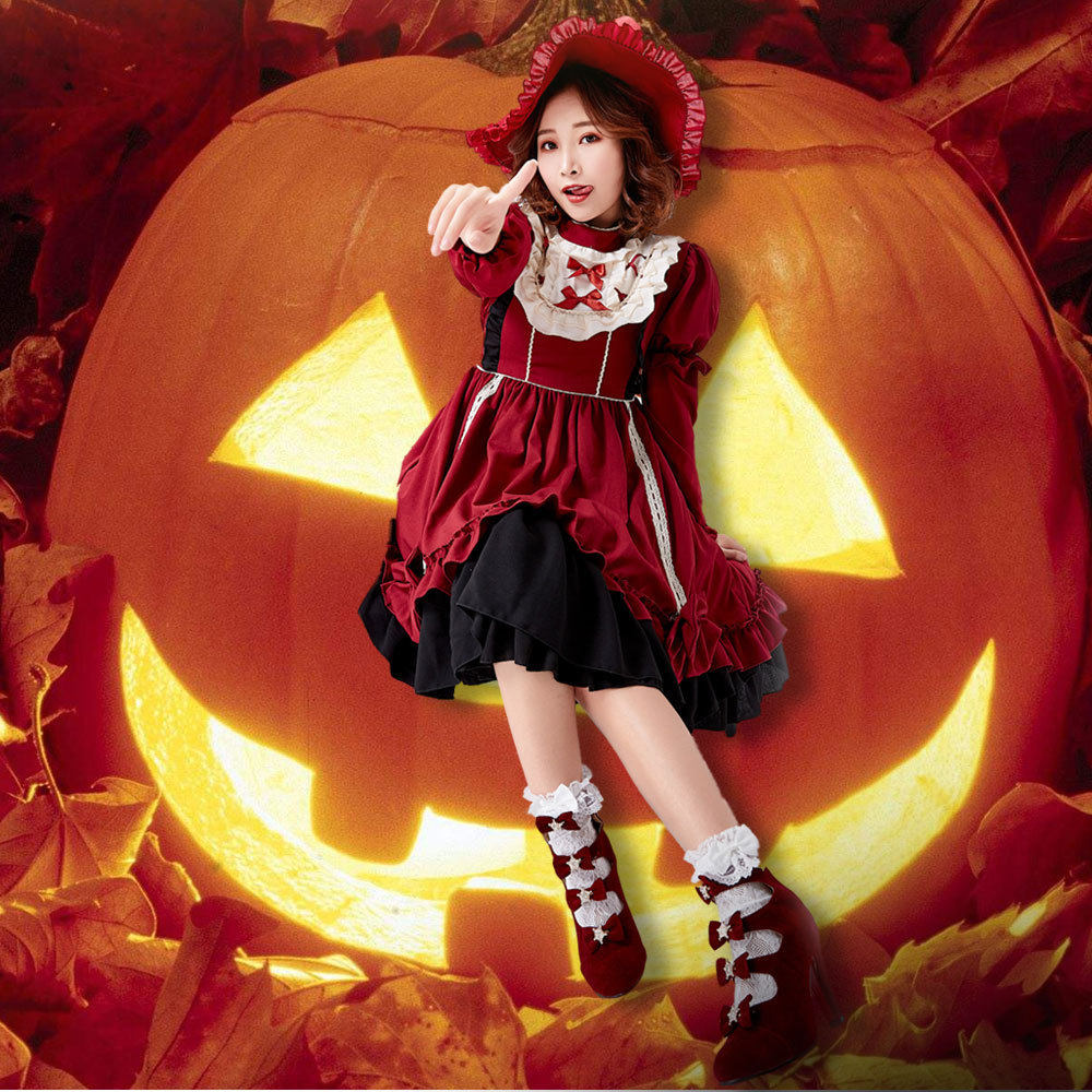 酒红色洛丽塔洋装万圣节lolita公主裙cosplay服装 可拆袖子连衣裙