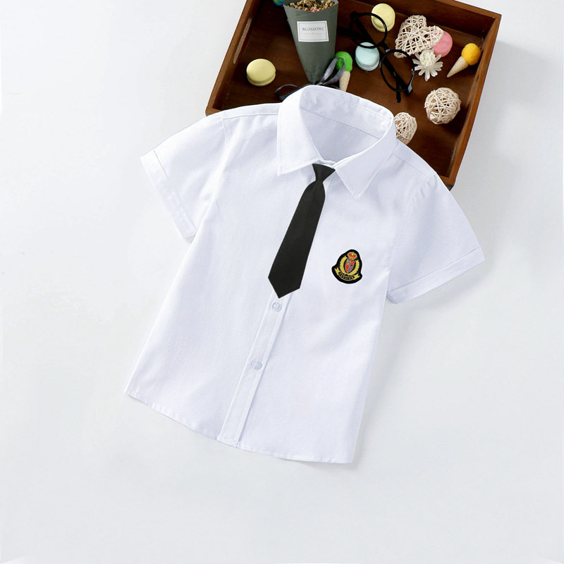 儿童白衬衫表演服女童白衬衣男童纯色白色上衣短袖小童合唱演出服