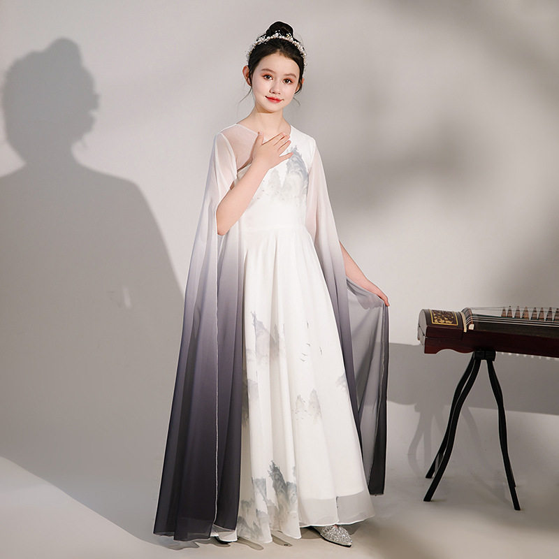 女童古筝演出服中国风水墨画民乐舞台演奏表演儿童古典舞艺考礼服