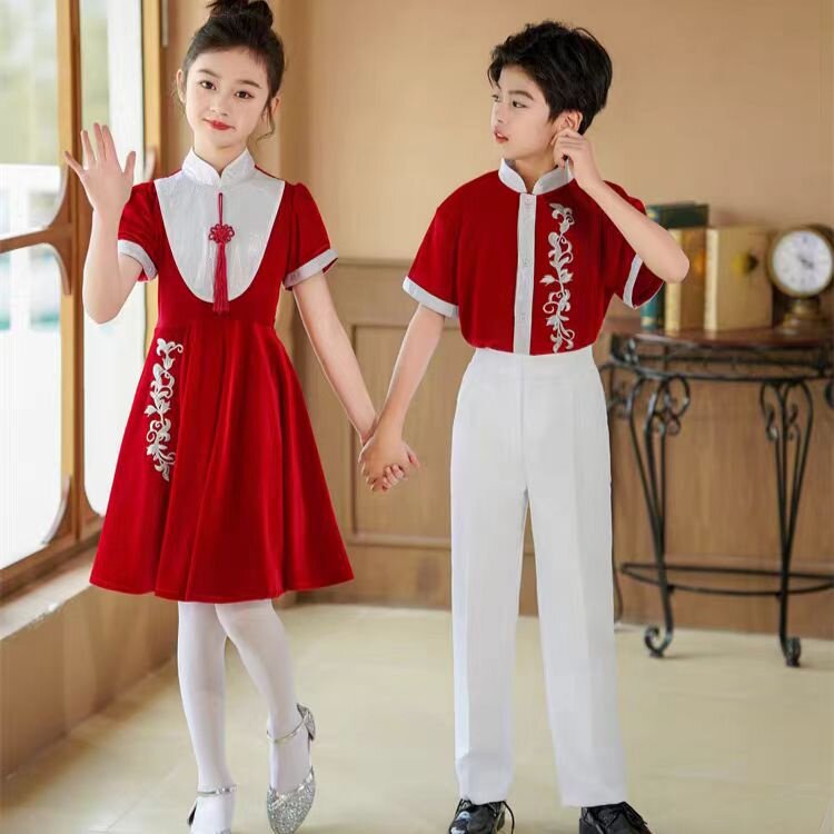 新款中小学生诗歌朗诵夏短袖中国风复古大合唱演出班服六一表演