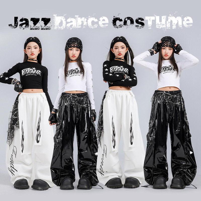 爵士舞女童服装黑白长袖演出服套装jazz儿童街舞朝服元旦表演服女