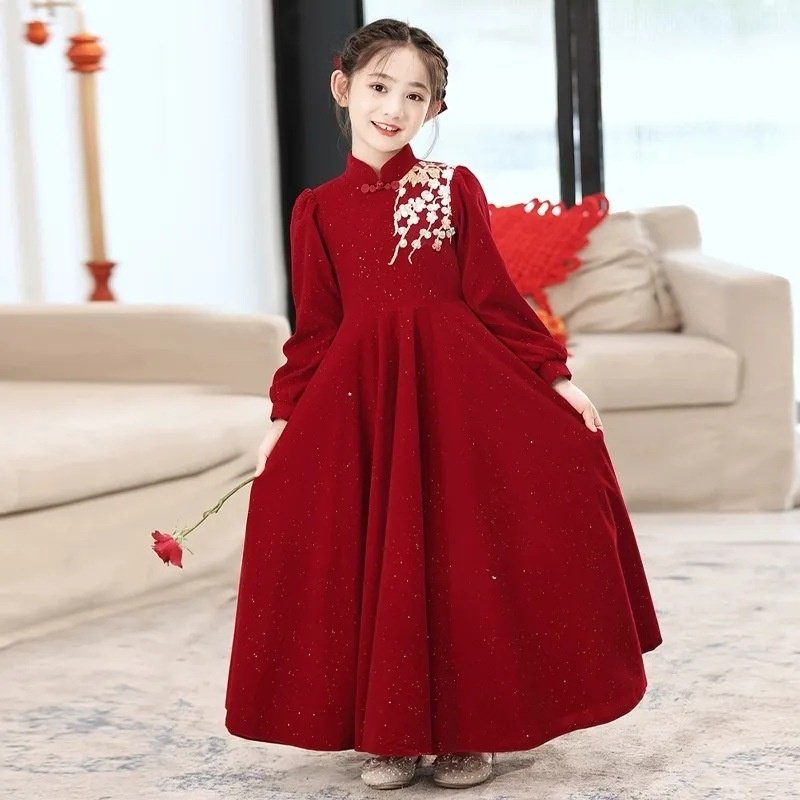 女童公主裙秋冬新款中大童过年新中式礼服小女孩连衣裙红色新年服