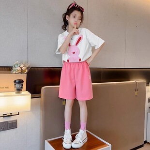 女大童短袖 女童夏裝 t恤兩件套 夏季 洋氣兒童運動短褲 套裝 2024新款