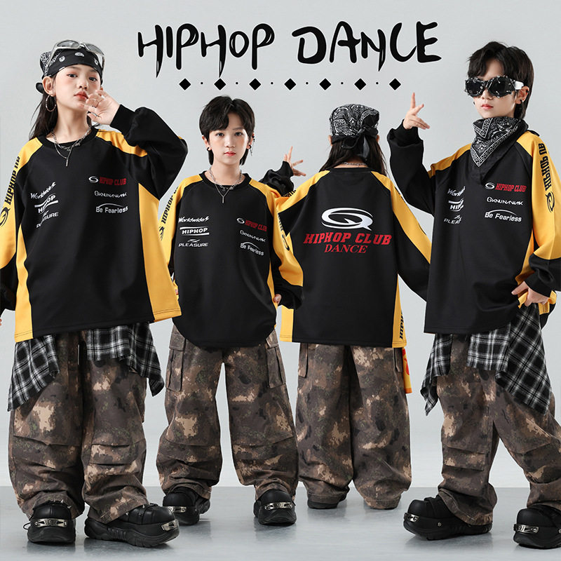 街舞演出服儿童潮服酷帅男童hiphop迷彩裤套装女童嘻哈舞蹈表演服