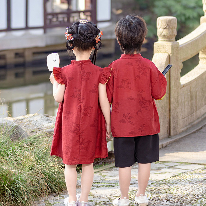 女童新中式唐装套装儿童中国风汉服男童夏季国风短袖表演服