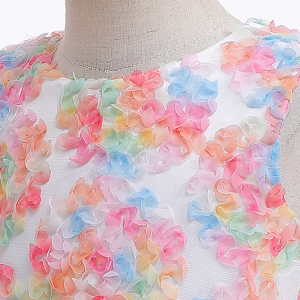 欧美童装女童礼服粉色立体花公主纱裙无袖蝴蝶结六一节儿童表演服