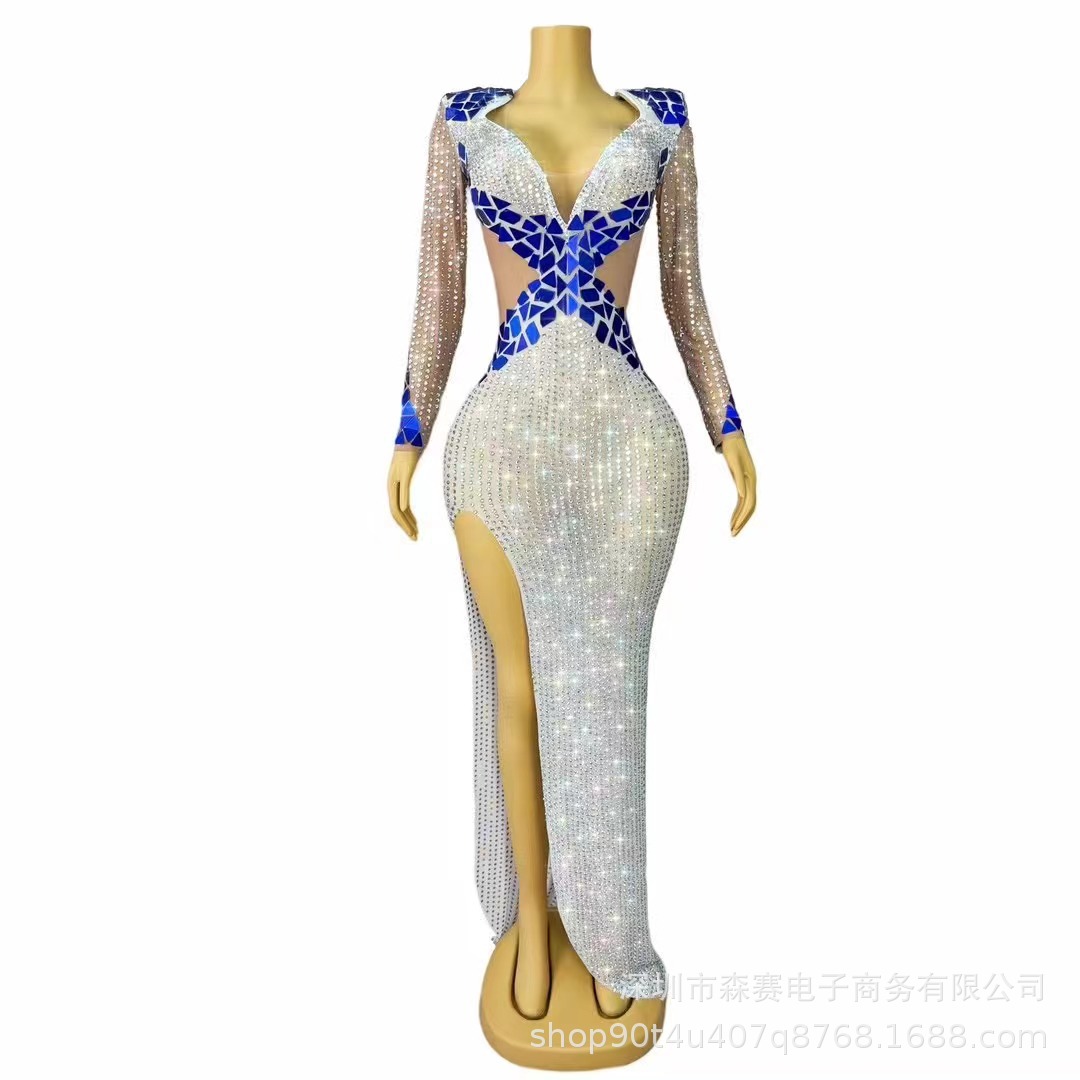深v蓝白拼接性感侧开叉晚装公司年会展厅鱼尾礼服车展模特演出服