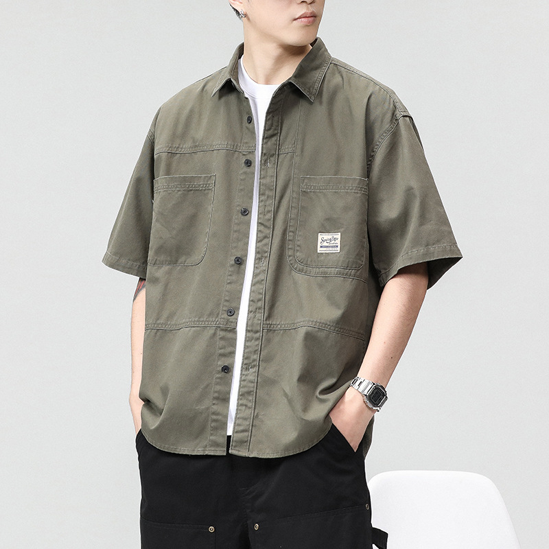 淘宝爆款2023日系复古工装短袖衬衫男潮流宽休闲美式夏季半袖