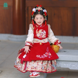 冬季新款汉服女童明制马面裙套装儿童拜年服国风毛呢上衣新年服裝