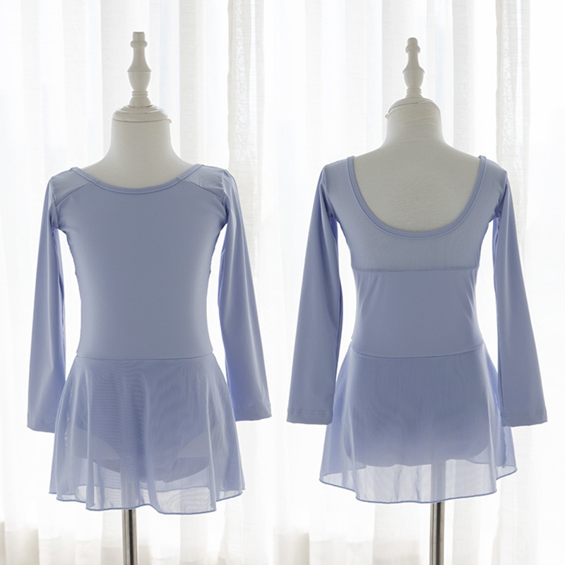 儿童舞蹈服装连体裙锦纶女童开档暗扣长袖练功服网纱拼接秋冬新款