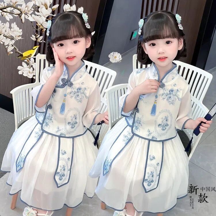 女童古风汉服套装夏季中国风小女孩古装儿童青花瓷唐装表演服花朵