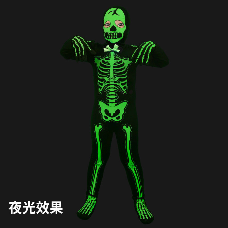 2025年万圣节cos服装夏季欧美儿童黑色夜光骷髅骨架衣服装扮服饰