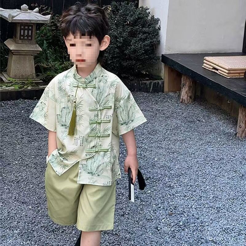 国潮儿童新中式衬衫2026新款表演服山水古风汉服国风短袖唐装夏季