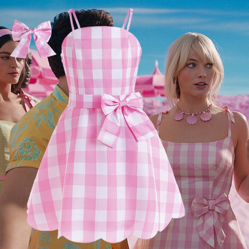万圣节赫本风芭比cos服紧身裤吊带格子Barbie芭比服装粉色连衣裙
