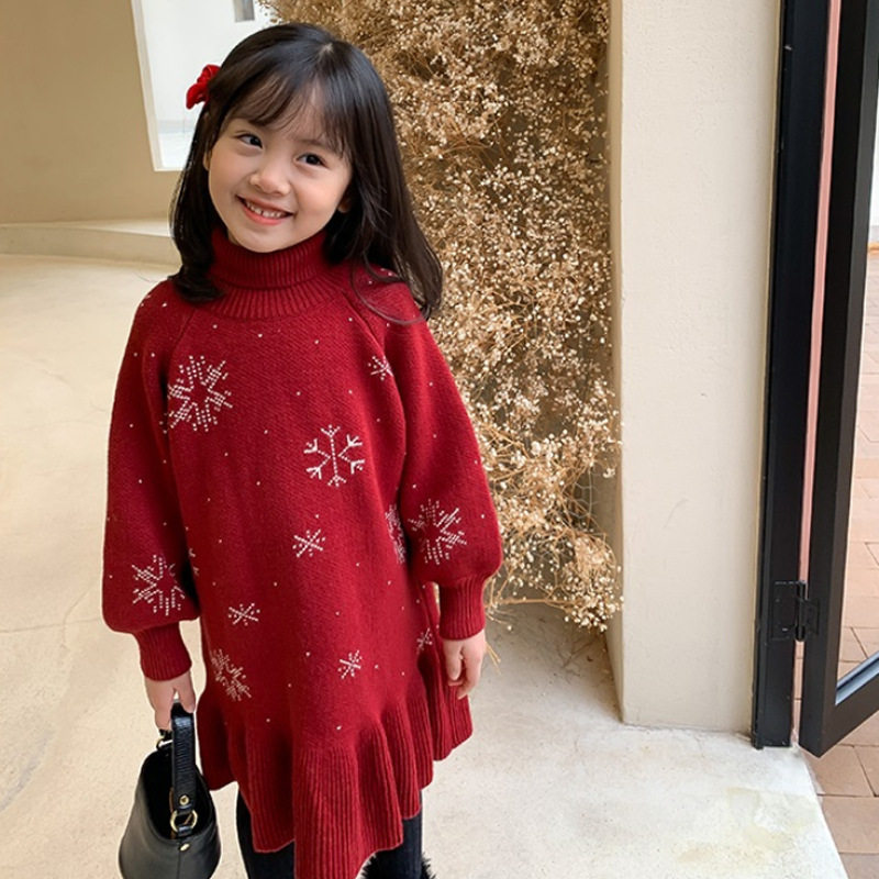 女童秋冬高领加厚针织连衣裙
