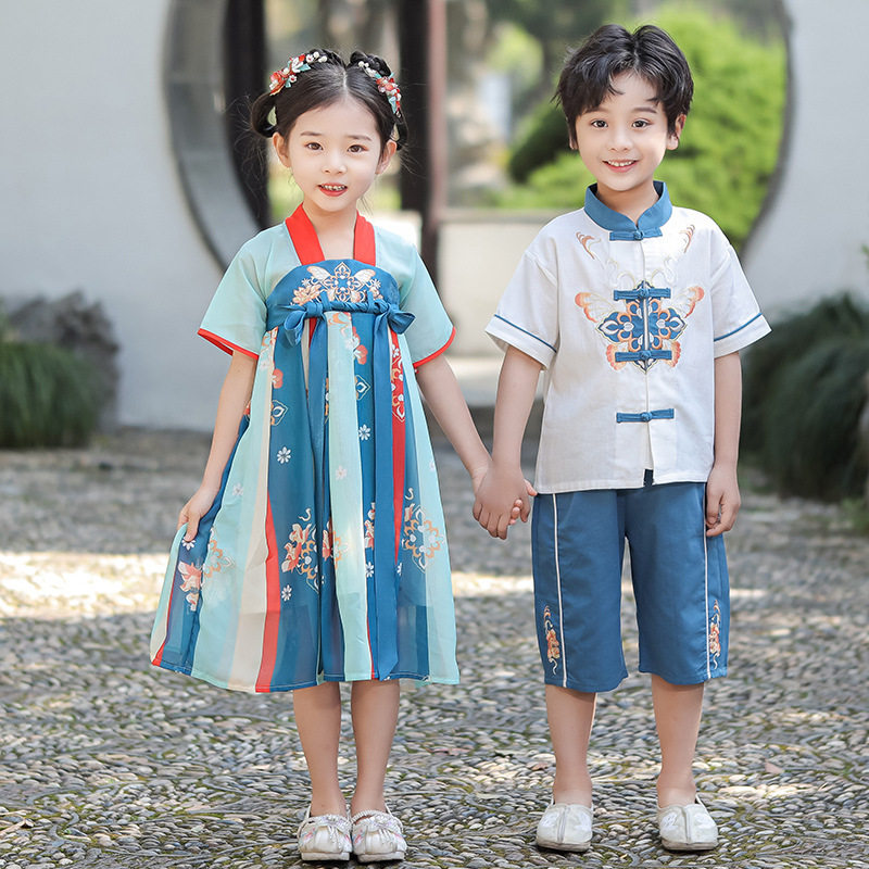 2026男童唐装女童汉服新款连衣裙夏季汉服裙子六一儿童舞蹈表演服