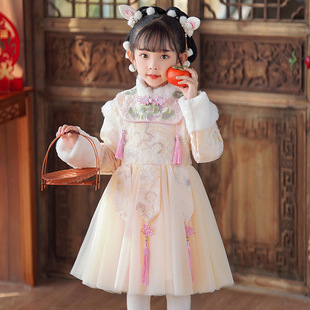 儿童汉服冬季加绒连衣裙女童加厚古装中国风唐装小女孩秋冬表演服
