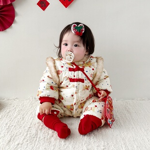 冬季婴儿喜庆哈衣女宝宝满月周岁锦鲤爬服连体衣新生儿冬装拜年服