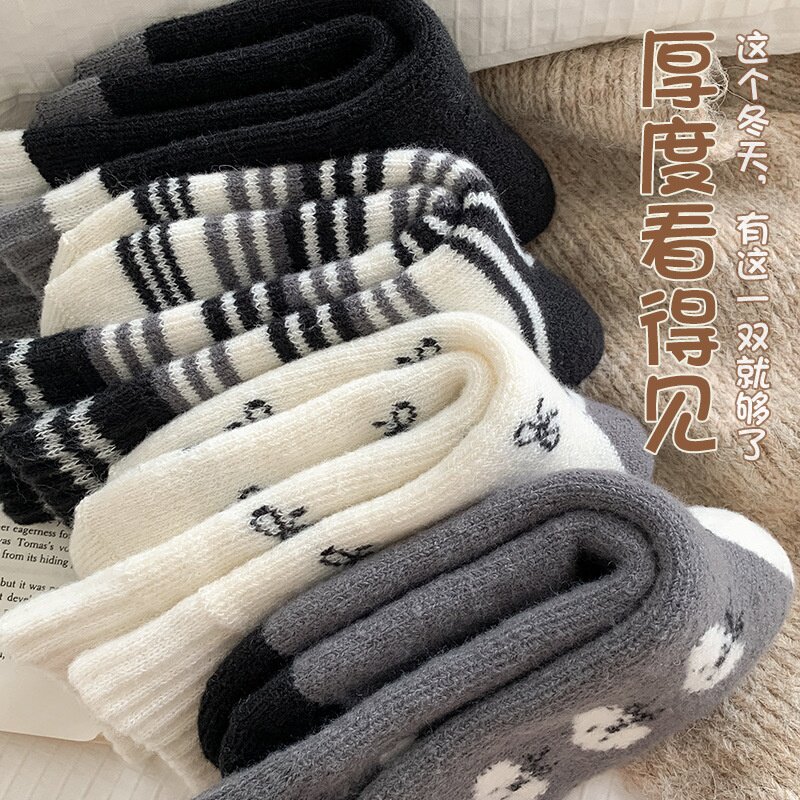 灰色袜子女款秋冬季加绒加厚睡眠中筒袜冬天保暖毛圈条纹月子袜