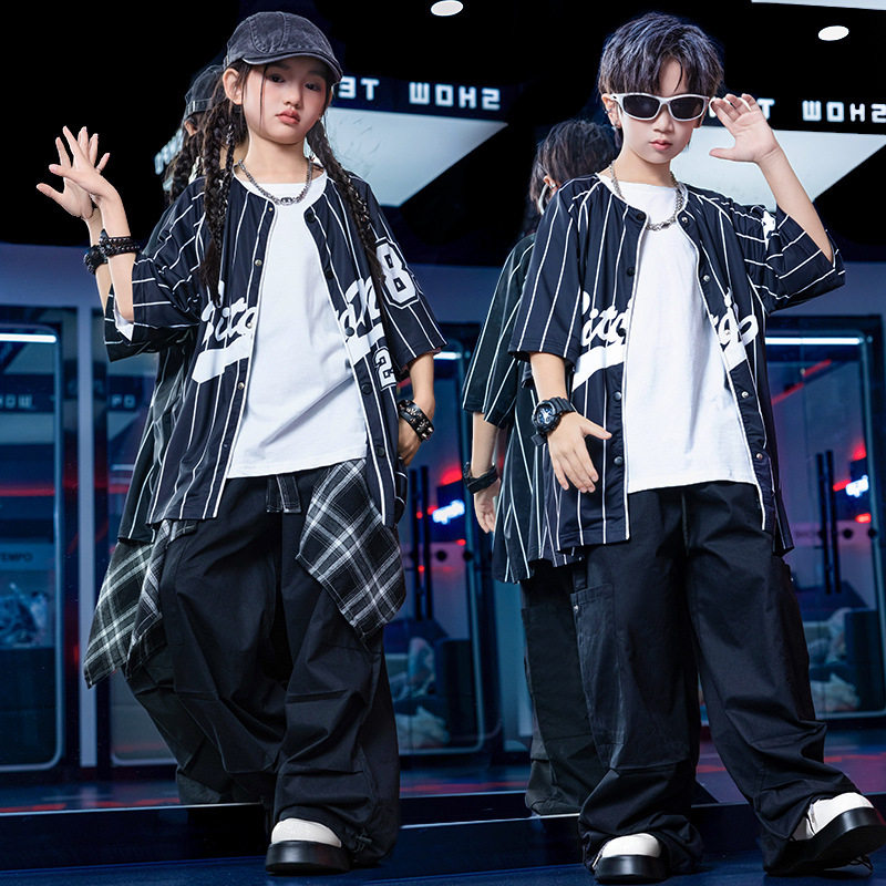 街舞儿童潮服嘻哈风衬衫棒球服裤子套装男女通少儿hiphop表演出服