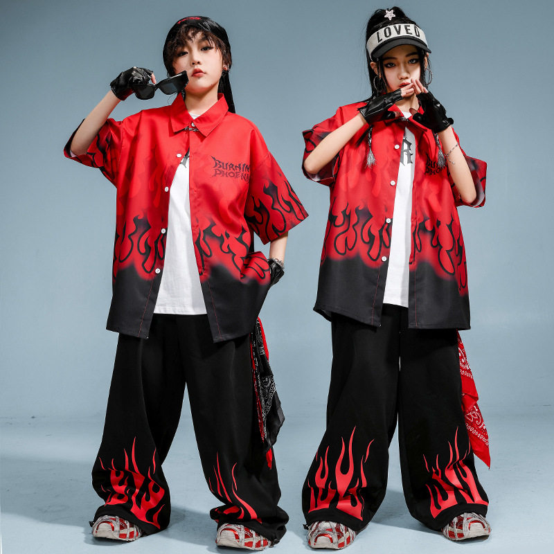 街舞儿童潮服嘻哈短袖黑红演出服男童套装hiphop女童酷帅表演服夏