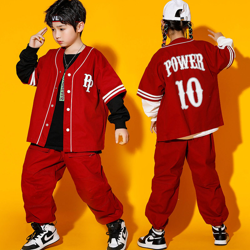 少儿春夏秋季酒红街舞练舞服套装hiphop男童女童嘻哈表演服潮服