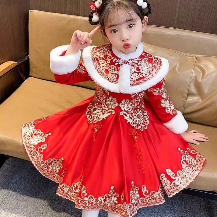 汉服女童冬装连衣裙唐装中国儿童表演服宝宝加厚拜年服新款冬季