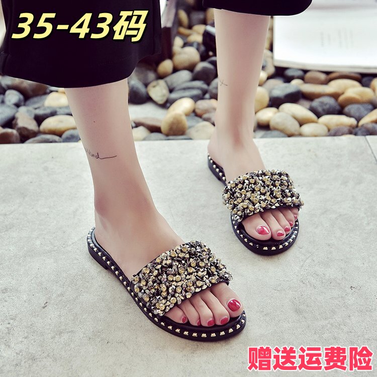宽胖脚大码女鞋41-43夏季新款外穿凉拖鞋女42平底防滑水钻凉鞋40