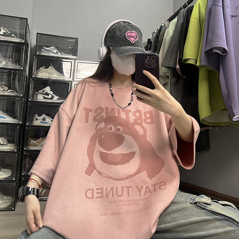 复古卡通麂皮绒短袖t恤女夏季新款胖mm大码宽松设计感半截袖上衣