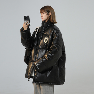 胖mm大码PU皮棉服女冬季宽松200斤加厚棉袄显瘦保暖连帽棉衣外套