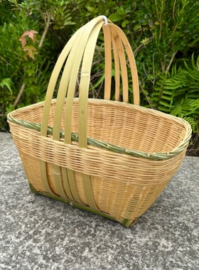 手工竹编带手提竹篮竹青菜篮水果篮采摘菜采茶农家篮子收纳篮子