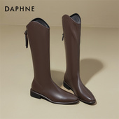 达芙妮棕色平底长靴女2025秋冬新款 西部牛仔骑士尖头V口高筒靴子