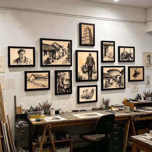 怀旧人文素描相框挂画照片墙