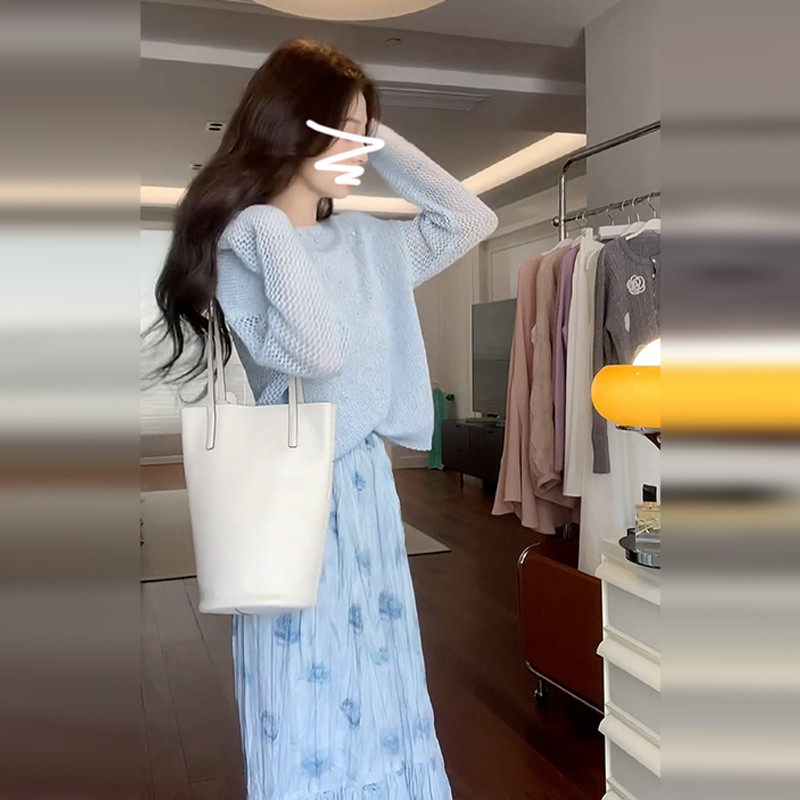 法式蓝色碎花洋装子女早
