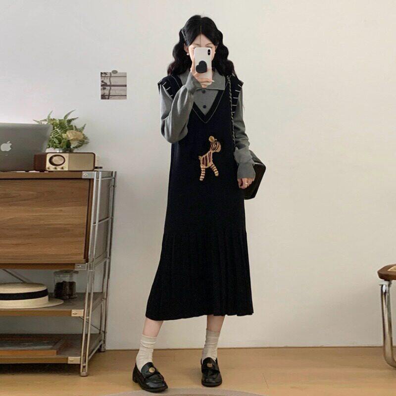 黑色假两件正肩连衣裙女2