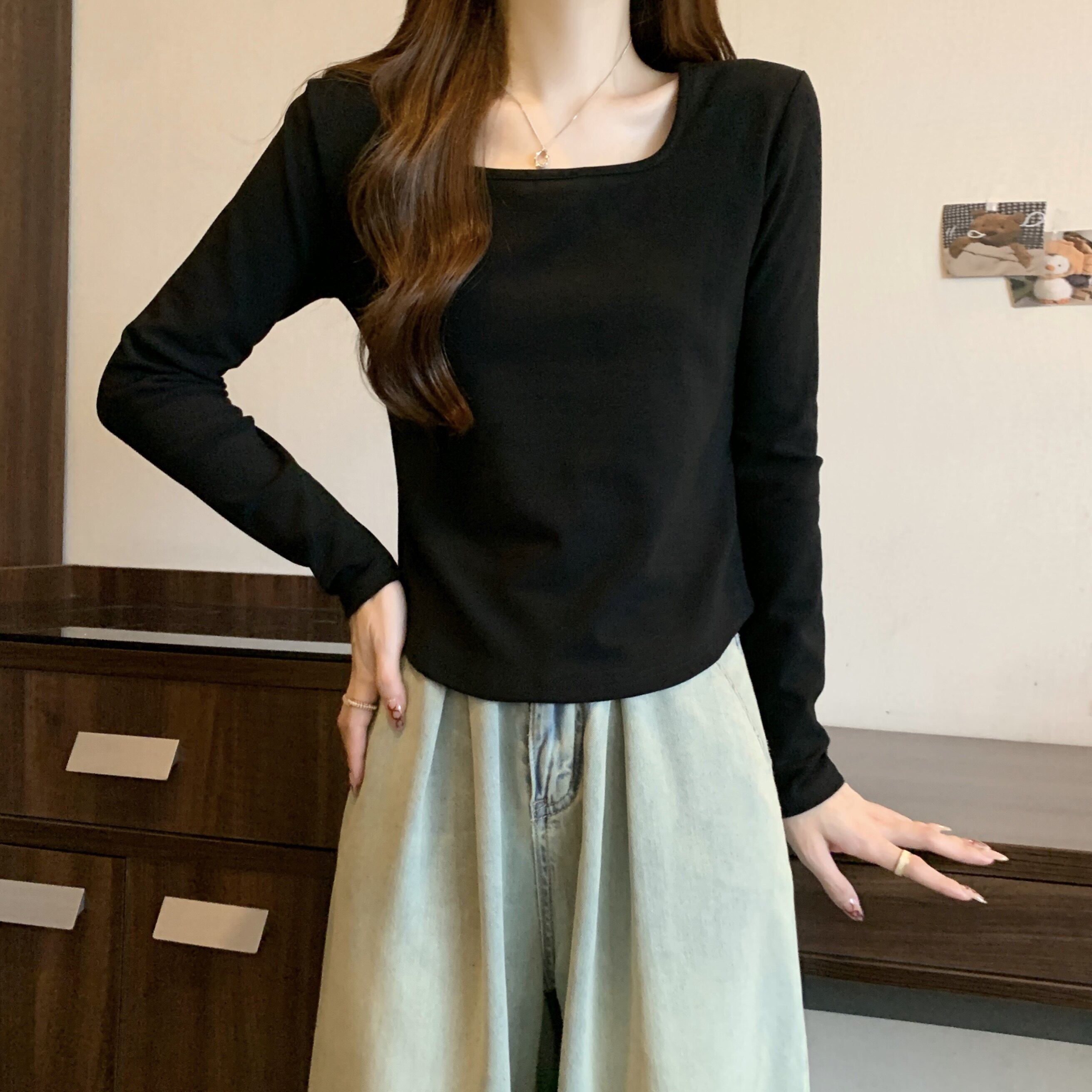 欧货白色方领正肩T恤女秋