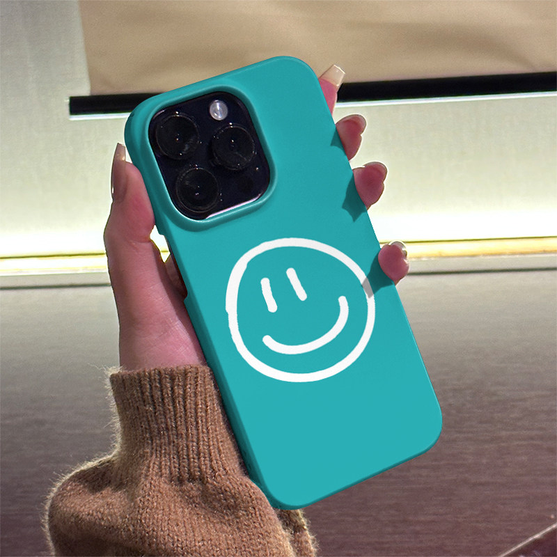 湖蓝笑脸 适用iPhone16ProMax手机壳15Pro半包磨砂菲林硬壳全包边苹果14ProMax个性13时尚12简约11/XR/XSMAX