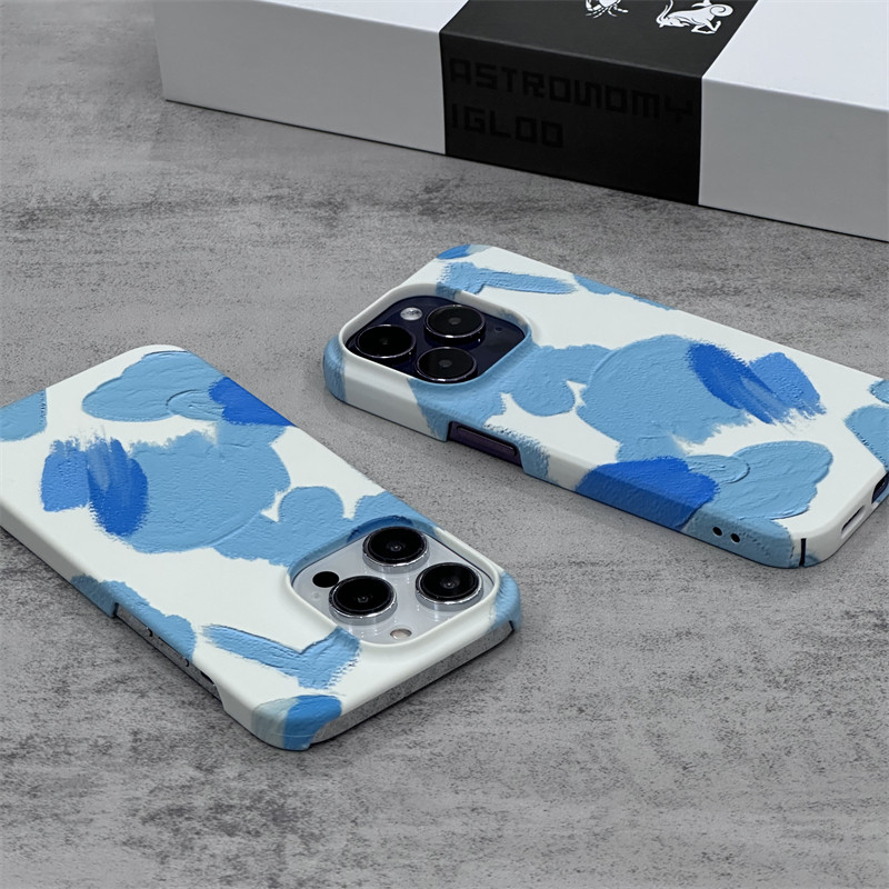 蓝色奶油涂鸦适用iPhone14Pro手机壳半包磨砂菲林硬壳全包边苹果15ProMax个性13时尚12Pro简约11/XR/XSMAX/16