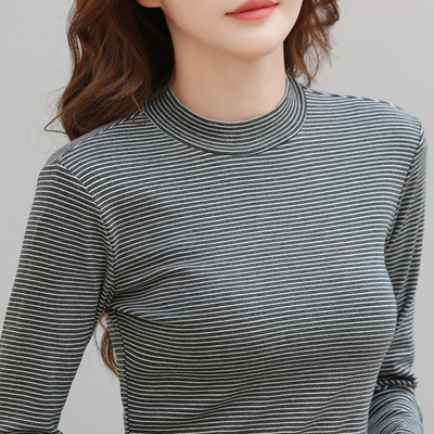 纯棉秋冬半高领条纹打底衫女内搭新款百搭中领长袖t恤保暖上衣女