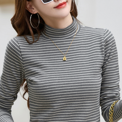 纯棉半高领条纹长袖t恤女打底衫女秋冬内搭加厚保暖修身内搭上衣