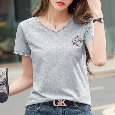 丝光棉V领短袖t恤女2025新款夏季纯棉刺绣体桖宽松大码上衣半袖女