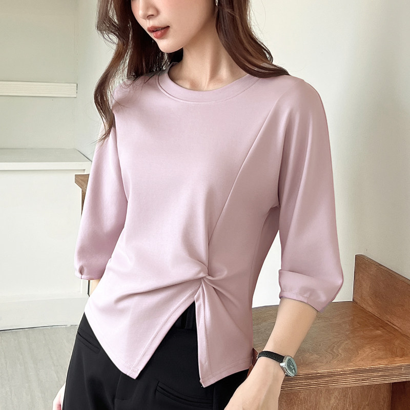 纯棉正肩七分袖短款t恤女春秋新款别致开叉中袖洋气小衫百搭上衣