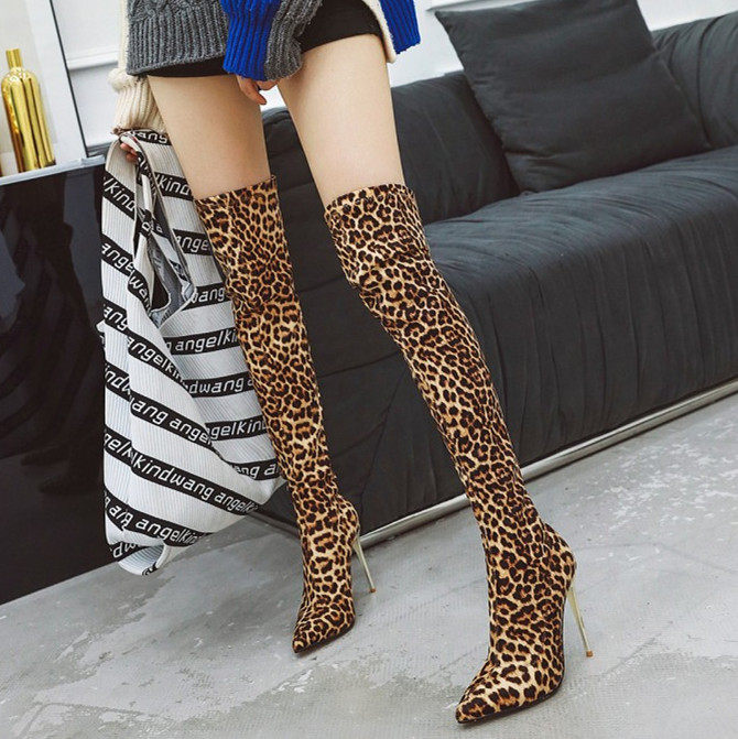 INTERNET CELEBRITY SKINNY BOOTS HEIGHTENED OVER-THE-KNEE BOOTS WOMENS POINTED TOE HIGH HEELS LEOPARD PRINT BOOTS FEMININE STRETCH BOOTS SOCK BOOTS